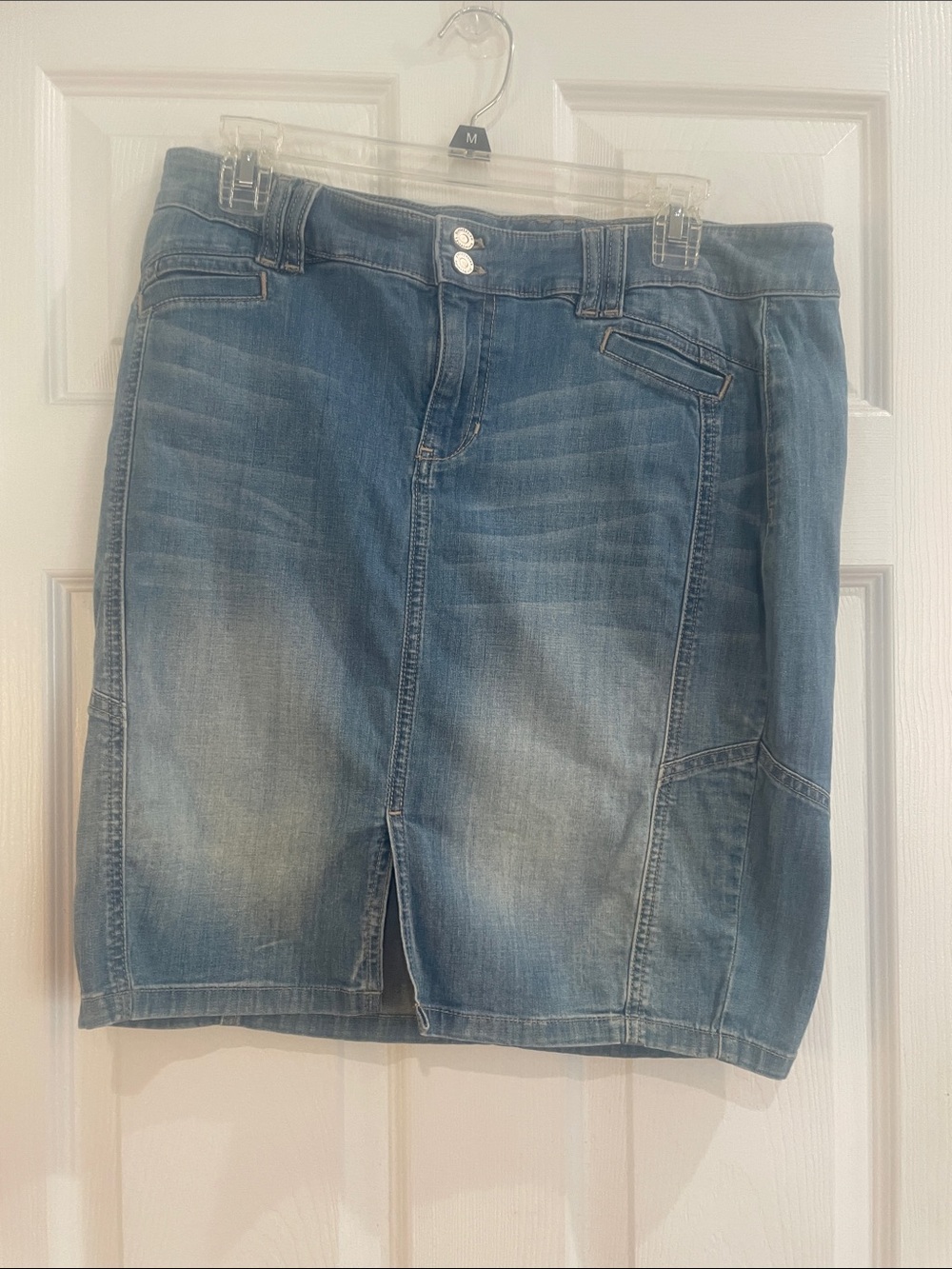 Denim Knee-Length Skirt in Faded Blue